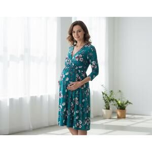 PinkBlush XL Maternity Dress Teal Floral 3/4 Sleeve Comfortable Pregnancy Wear